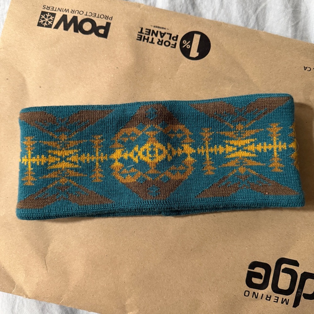 Pendleton Merino Knit Fleece-Lined Headband, Teal, Gold, Tan, Aztec Design, EUC.